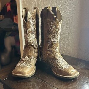Old West Brown Kids Boots with White Embroidery